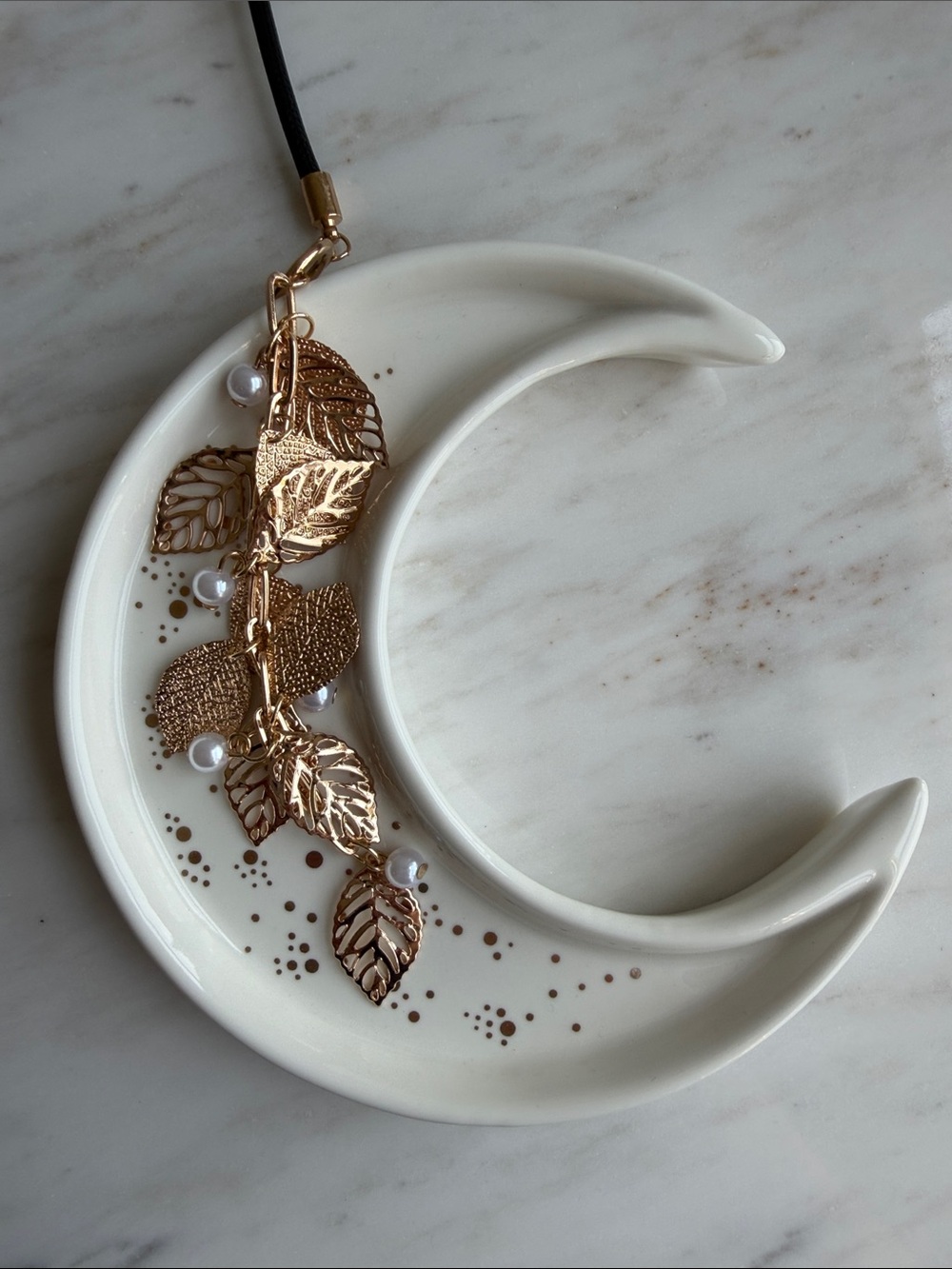 Gold Metal Leaf Cascade Pendant Necklace with Black Cord- Dainty , Feminine - Picture 2 of 5